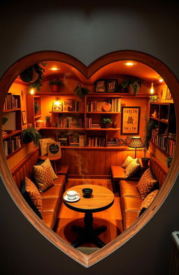 A heart-shaped cozy coffee shop interior, warm and inviting atmosphere