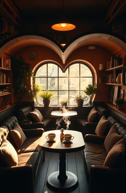 A heart-shaped cozy coffee shop interior, warm and inviting atmosphere