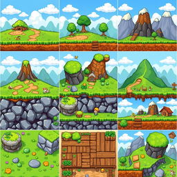 A collection of pixel art tilesets for a 2D platformer game, showcasing various themed environments