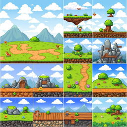 A collection of pixel art tilesets for a 2D platformer game, showcasing various themed environments