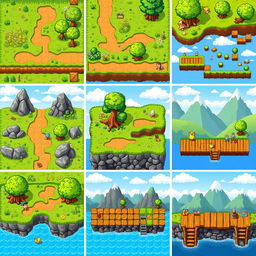 A collection of pixel art tilesets for a 2D platformer game, showcasing various themed environments