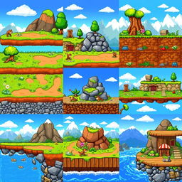 A collection of pixel art tilesets for a 2D platformer game, showcasing various themed environments