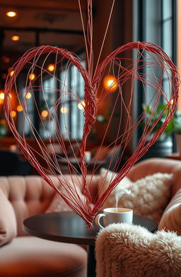 A heart creatively formed with strings intertwining to shape a warm and cozy coffee shop