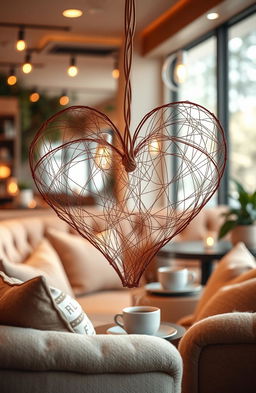 A heart creatively formed with strings intertwining to shape a warm and cozy coffee shop