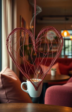 A heart creatively formed with strings intertwining to shape a warm and cozy coffee shop