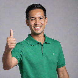 A handsome 38-year-old Malay man wearing a green polo t-shirt standing confidently. He is showing a thumbs up and smiling brightly.