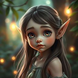 A young elf girl with petite features, characterized by her big, expressive eyes and delicate stature