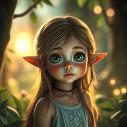 A young elf girl with petite features, characterized by her big, expressive eyes and delicate stature