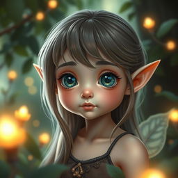 A young elf girl with petite features, characterized by her big, expressive eyes and delicate stature