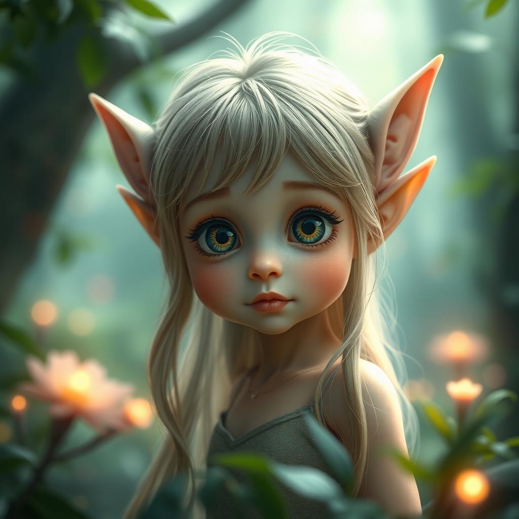 A young elf girl with petite features, characterized by her big, expressive eyes and delicate stature