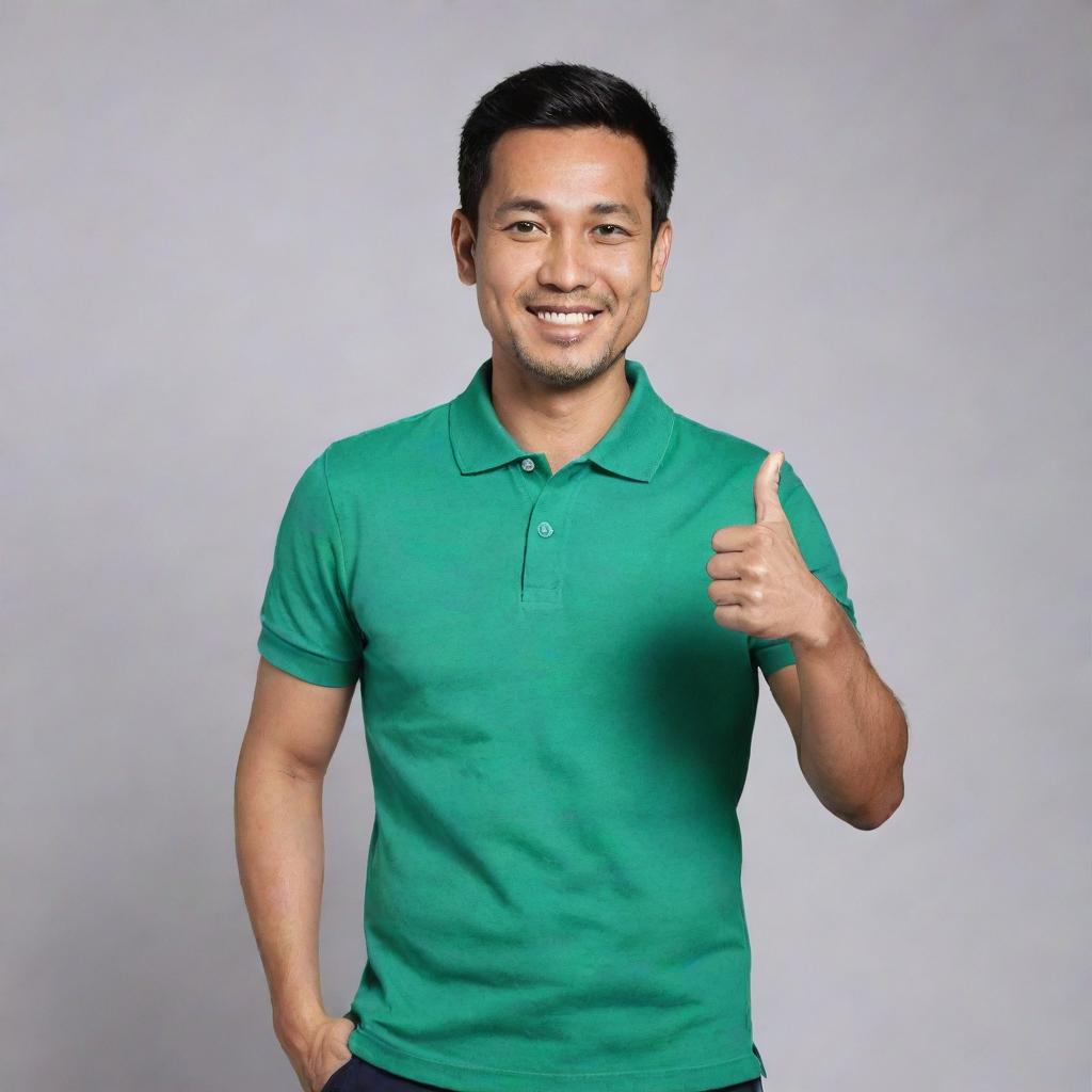 A handsome 38-year-old Malay man wearing a green polo t-shirt standing confidently. He is showing a thumbs up and smiling brightly.