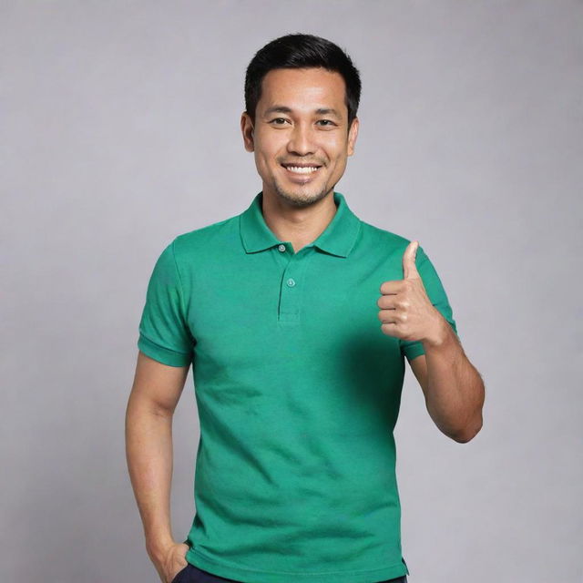 A handsome 38-year-old Malay man wearing a green polo t-shirt standing confidently. He is showing a thumbs up and smiling brightly.