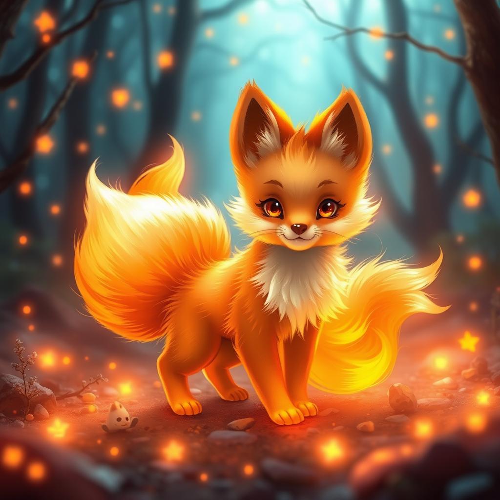 A cute baby kitsune with seven fluffy tails, surrounded by a vibrant fire aura that radiates warmth and mystique