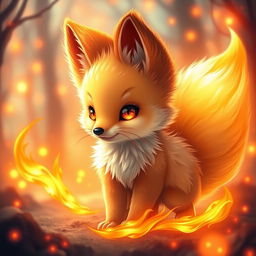 A cute baby kitsune with seven fluffy tails, surrounded by a vibrant fire aura that radiates warmth and mystique