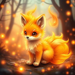 A cute baby kitsune with seven fluffy tails, surrounded by a vibrant fire aura that radiates warmth and mystique