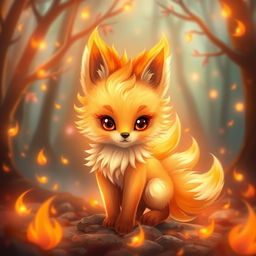 A cute baby kitsune with seven fluffy tails, surrounded by a vibrant fire aura that radiates warmth and mystique