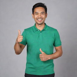 A handsome 38-year-old Malay man wearing a green polo t-shirt standing confidently. He is showing a thumbs up and smiling brightly.