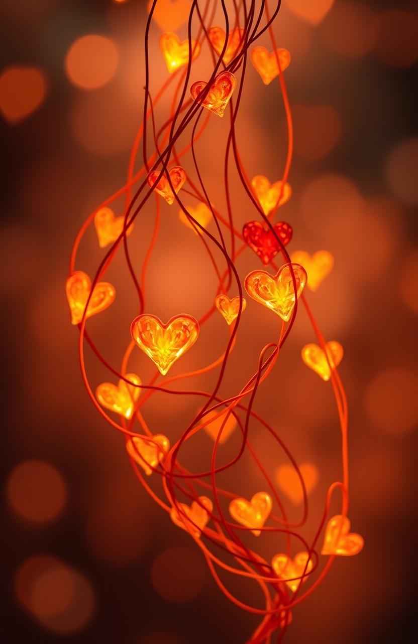 A beautiful, intricate design of tangled amber heart strings, glowing softly with warm hues of orange and amber