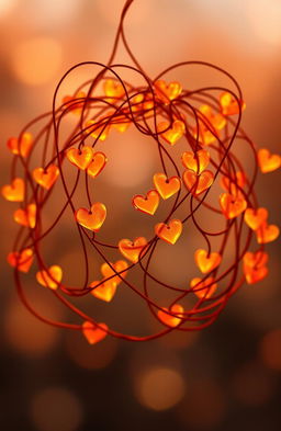 A beautiful, intricate design of tangled amber heart strings, glowing softly with warm hues of orange and amber