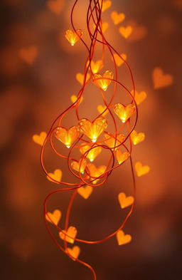 A beautiful, intricate design of tangled amber heart strings, glowing softly with warm hues of orange and amber