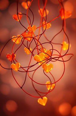 A beautiful, intricate design of tangled amber heart strings, glowing softly with warm hues of orange and amber