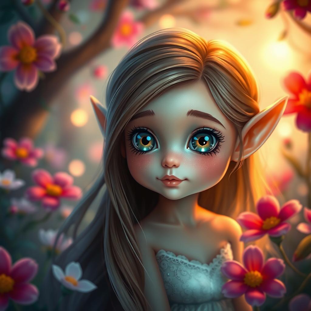 A small elf girl with petite features and captivating big eyes, showcasing her gentle and delicate beauty