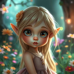 A small elf girl with petite features and captivating big eyes, showcasing her gentle and delicate beauty