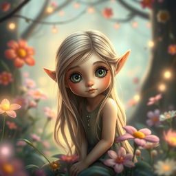 A small elf girl with petite features and captivating big eyes, showcasing her gentle and delicate beauty