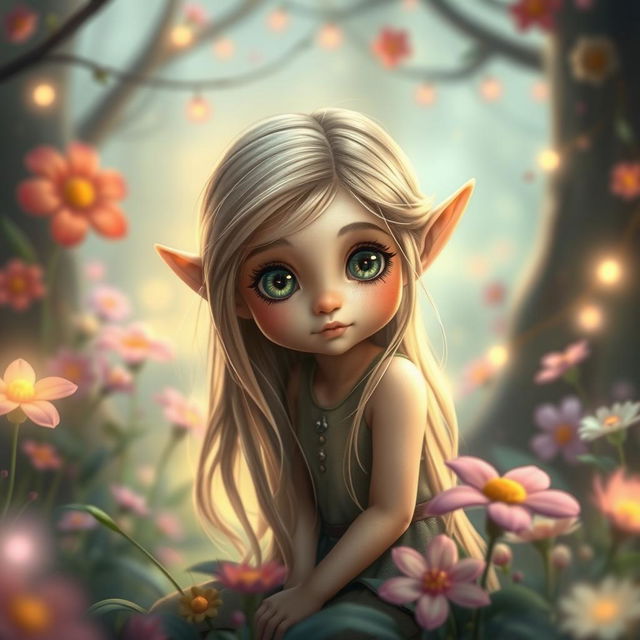 A small elf girl with petite features and captivating big eyes, showcasing her gentle and delicate beauty