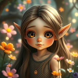 A small elf girl with petite features and captivating big eyes, showcasing her gentle and delicate beauty