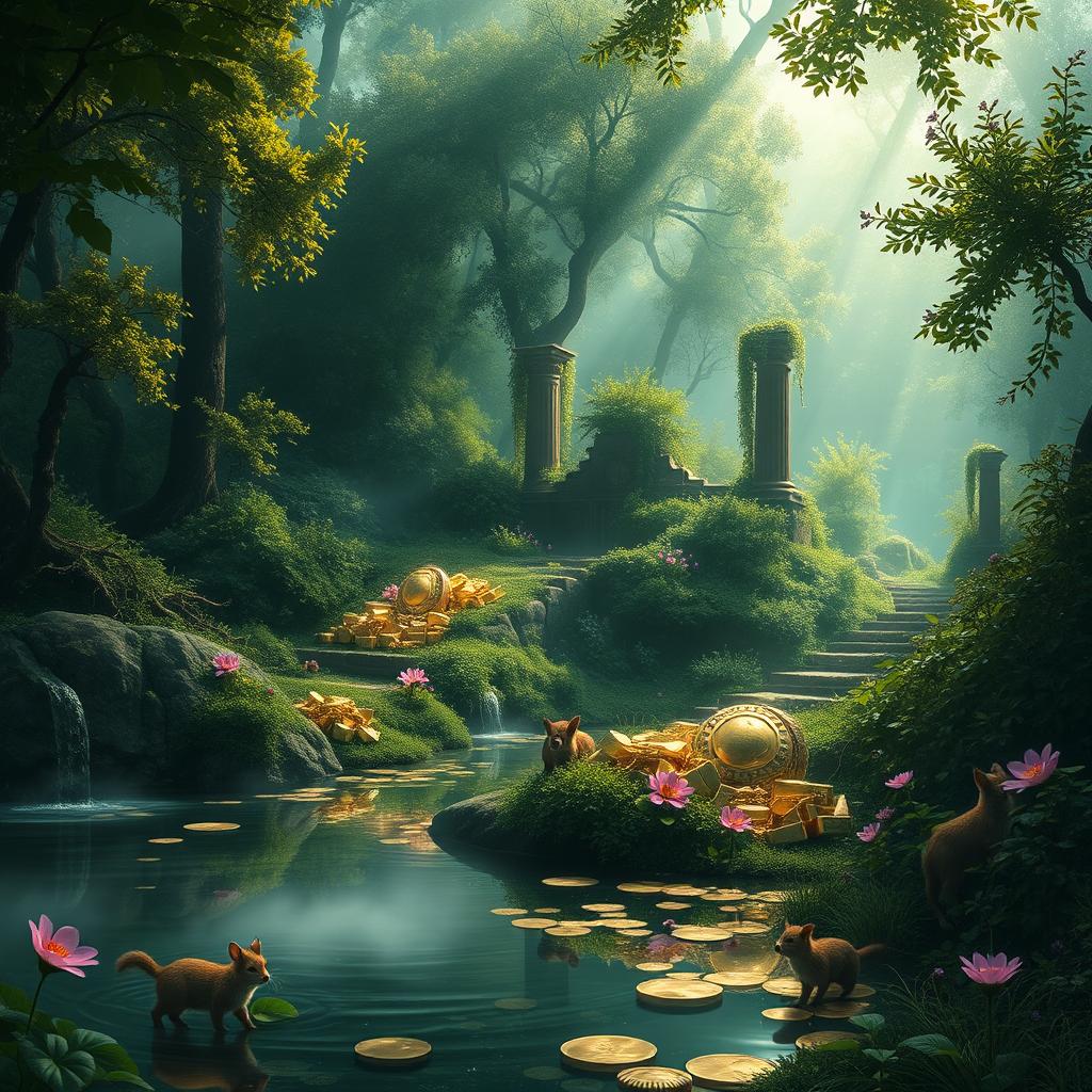 A mystical and serene landscape depicting hidden wealth, featuring a lush, green forest with beams of sunlight filtering through the trees, illuminating sparkling treasures hidden among the foliage