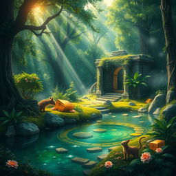 A mystical and serene landscape depicting hidden wealth, featuring a lush, green forest with beams of sunlight filtering through the trees, illuminating sparkling treasures hidden among the foliage