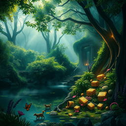 A mystical and serene landscape depicting hidden wealth, featuring a lush, green forest with beams of sunlight filtering through the trees, illuminating sparkling treasures hidden among the foliage