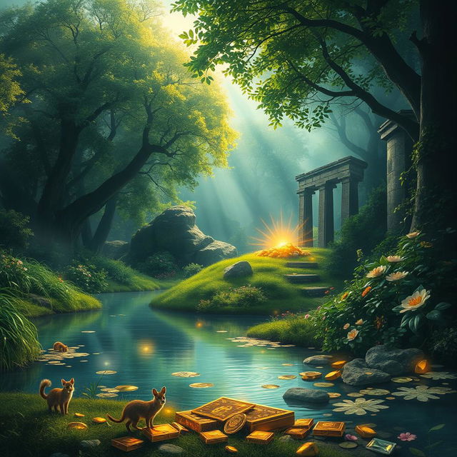 A mystical and serene landscape depicting hidden wealth, featuring a lush, green forest with beams of sunlight filtering through the trees, illuminating sparkling treasures hidden among the foliage