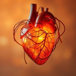 A realistic anatomical heart formed by tangled amber heart strings, glowing with warm hues of orange and amber