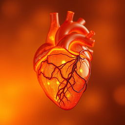 A realistic anatomical heart formed by tangled amber heart strings, glowing with warm hues of orange and amber