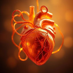 A realistic anatomical heart formed by tangled amber heart strings, glowing with warm hues of orange and amber