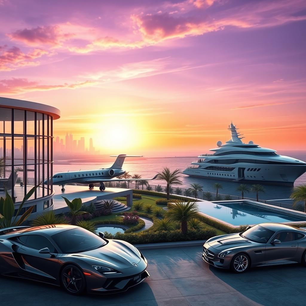 A futuristic scene depicting a trillionaire's luxurious lifestyle, featuring a lavish modern mansion with large glass windows overlooking a city skyline, a sleek private jet ready for takeoff, and an extravagant yacht docked at the seaside