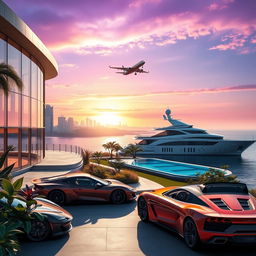 A futuristic scene depicting a trillionaire's luxurious lifestyle, featuring a lavish modern mansion with large glass windows overlooking a city skyline, a sleek private jet ready for takeoff, and an extravagant yacht docked at the seaside