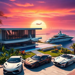 A futuristic scene depicting a trillionaire's luxurious lifestyle, featuring a lavish modern mansion with large glass windows overlooking a city skyline, a sleek private jet ready for takeoff, and an extravagant yacht docked at the seaside