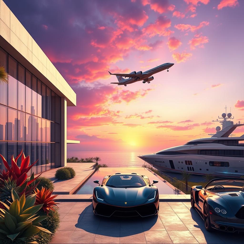 A futuristic scene depicting a trillionaire's luxurious lifestyle, featuring a lavish modern mansion with large glass windows overlooking a city skyline, a sleek private jet ready for takeoff, and an extravagant yacht docked at the seaside