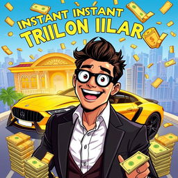 A vibrant illustration of a charismatic main character experiencing instant trillionaire status