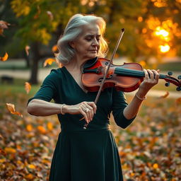 A graceful musician playing a classical violin amidst a serene landscape, surrounded by falling autumn leaves