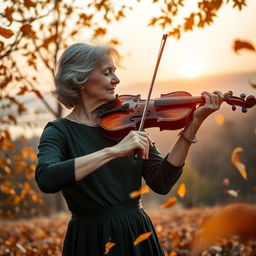 A graceful musician playing a classical violin amidst a serene landscape, surrounded by falling autumn leaves