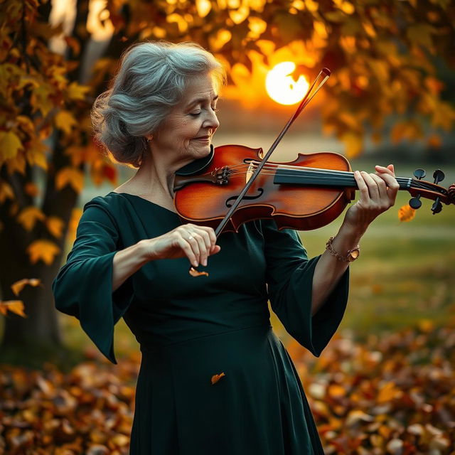 A graceful musician playing a classical violin amidst a serene landscape, surrounded by falling autumn leaves