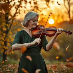 A graceful musician playing a classical violin amidst a serene landscape, surrounded by falling autumn leaves