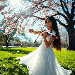 A serene and captivating scene of a skilled violinist passionately playing a beautiful melody in a lush, sunlit park