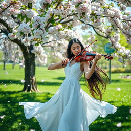 A serene and captivating scene of a skilled violinist passionately playing a beautiful melody in a lush, sunlit park