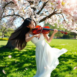 A serene and captivating scene of a skilled violinist passionately playing a beautiful melody in a lush, sunlit park