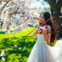 A serene and captivating scene of a skilled violinist passionately playing a beautiful melody in a lush, sunlit park